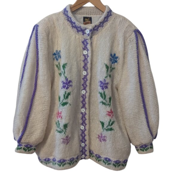 Vintage Mohair Jacket Wool Knit Irish Cottagecore Dopamine Dressing Boho Floral - Picture 10 of 11